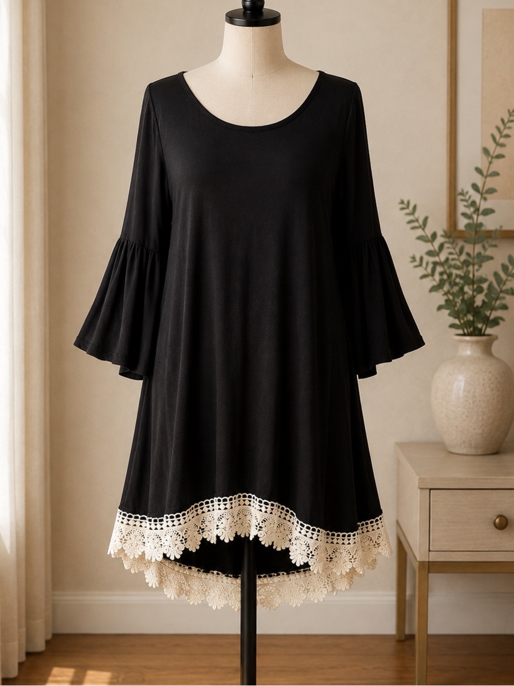 Love Ady Black 3/4 Bell Sleeve Swing Dress Ivory Crochet Lace Hem